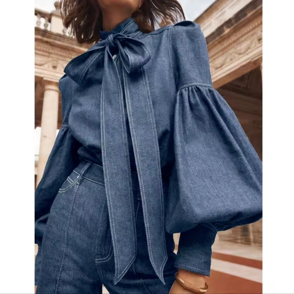 New Trendy Imitation Denim Blouse Tops for Women Long Puff Sleeves
